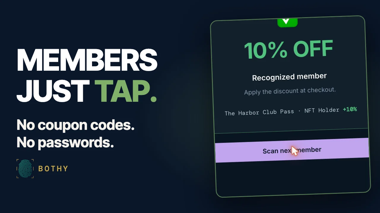 Bothy demo video: members just tap, 10% off recognized at the register