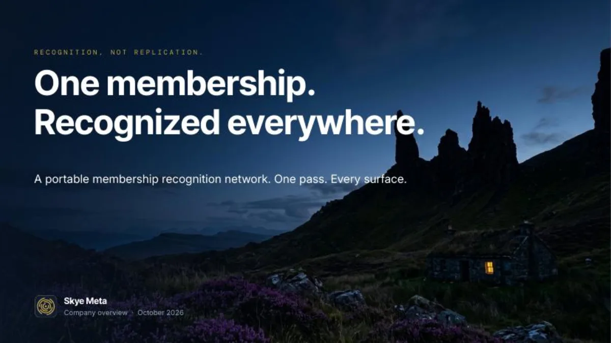 Cover slide of the Skye Meta company overview: One membership. Recognized everywhere.
