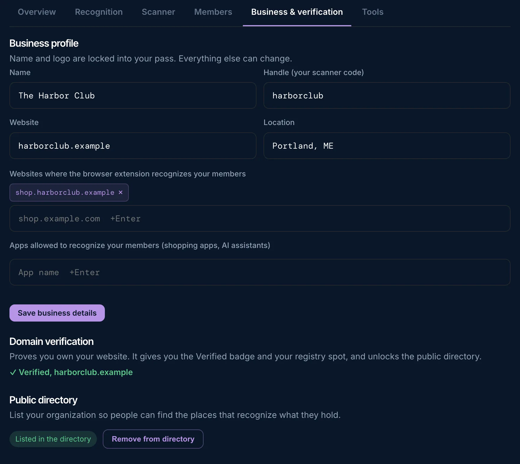 The Business and verification tab: profile fields, a verified website and a directory listing