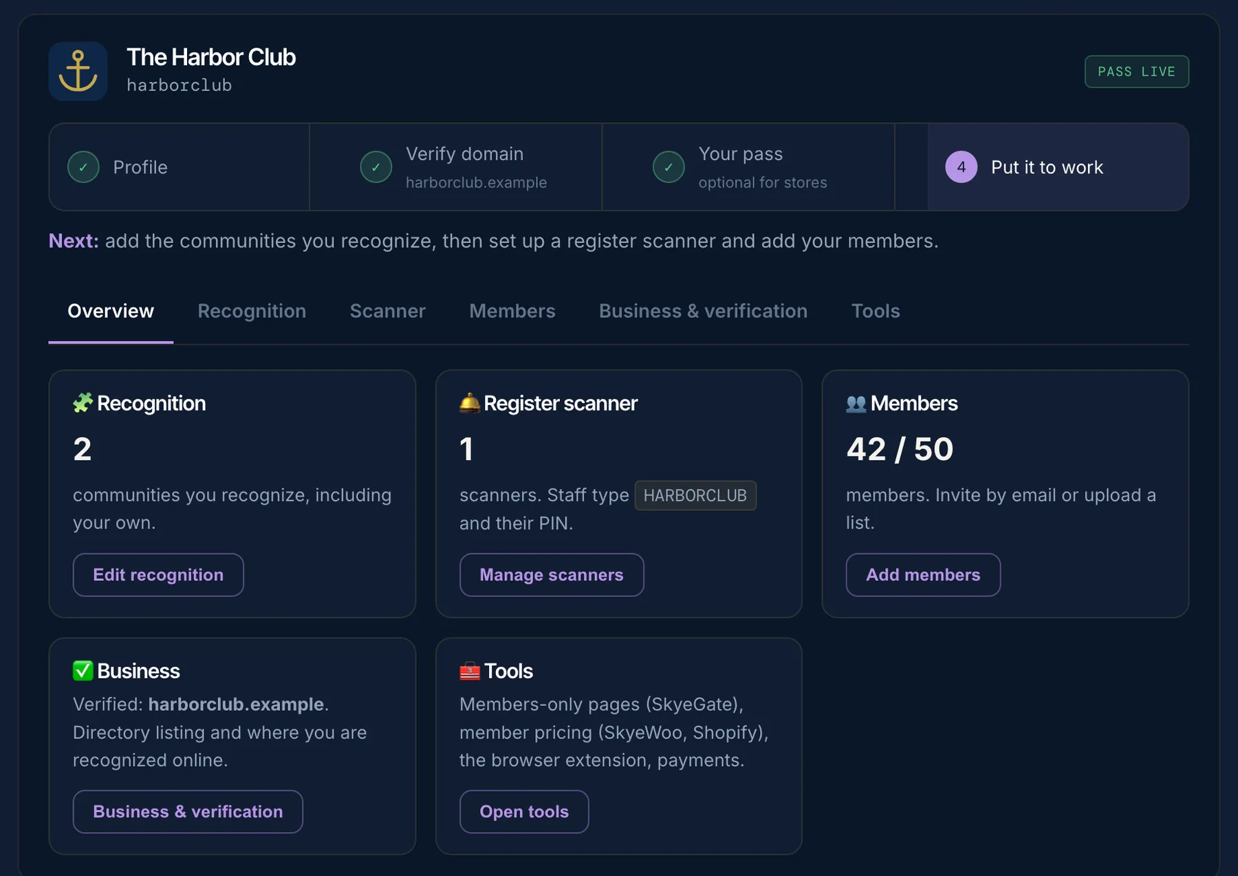 The Bothy dashboard overview for a demo community, The Harbor Club: 2 communities recognized, 1 register scanner, 42 of 50 members