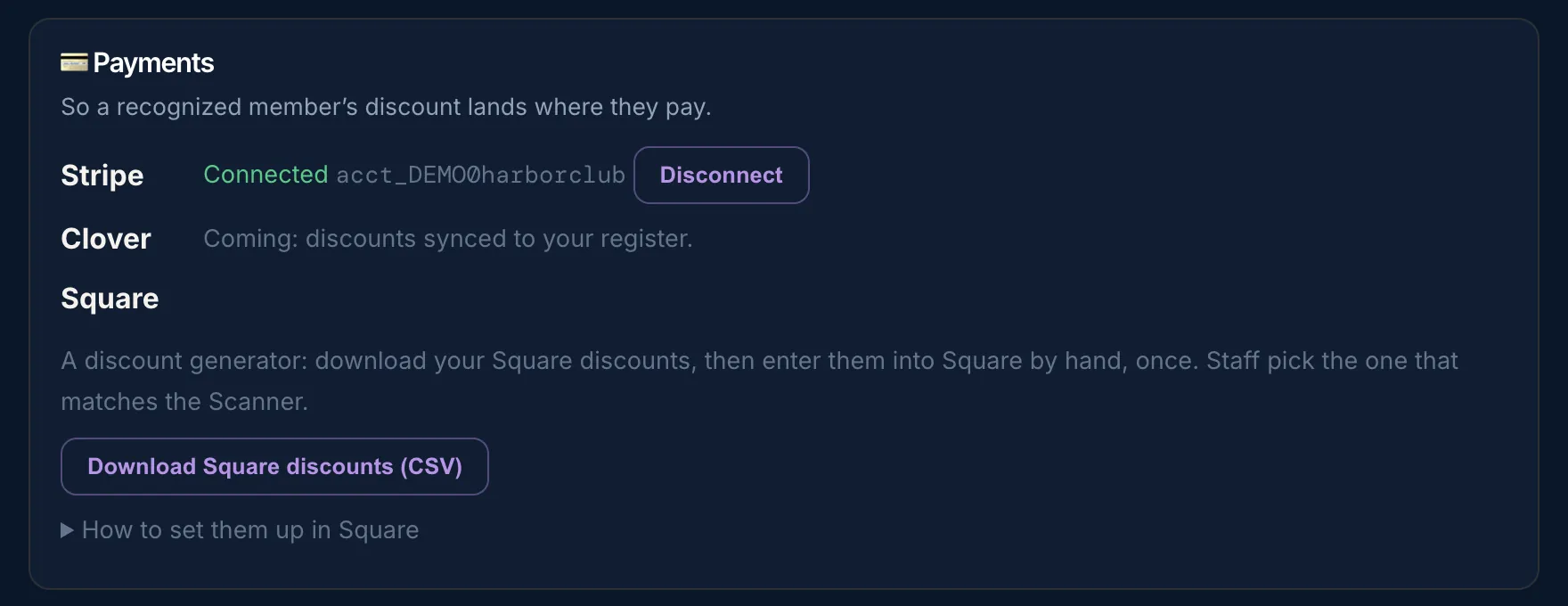 The Payments card in the Tools tab: Stripe connected, Clover coming, and a Download Square discounts button