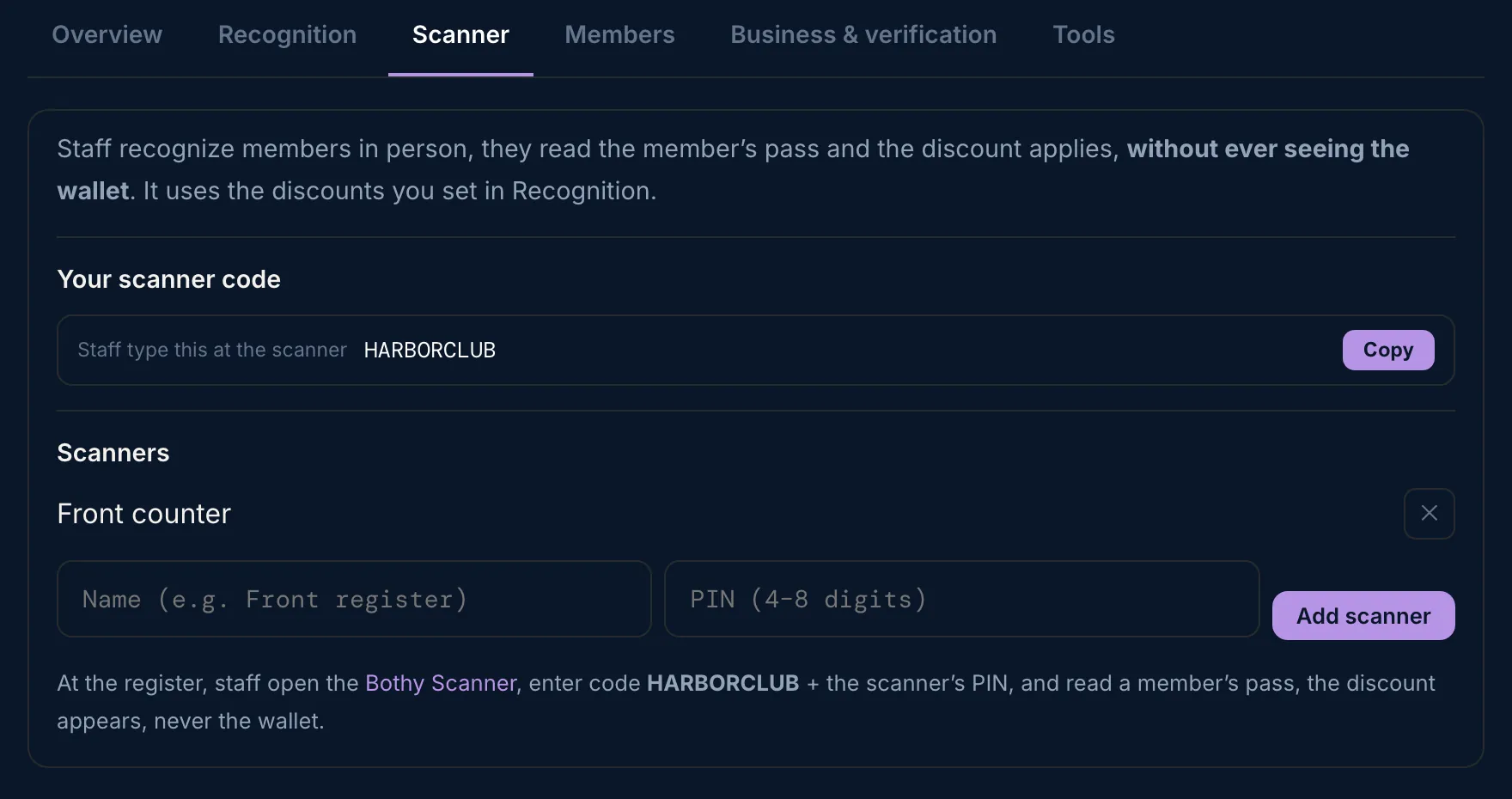 The Scanner tab: the scanner code HARBORCLUB and one scanner named Front counter