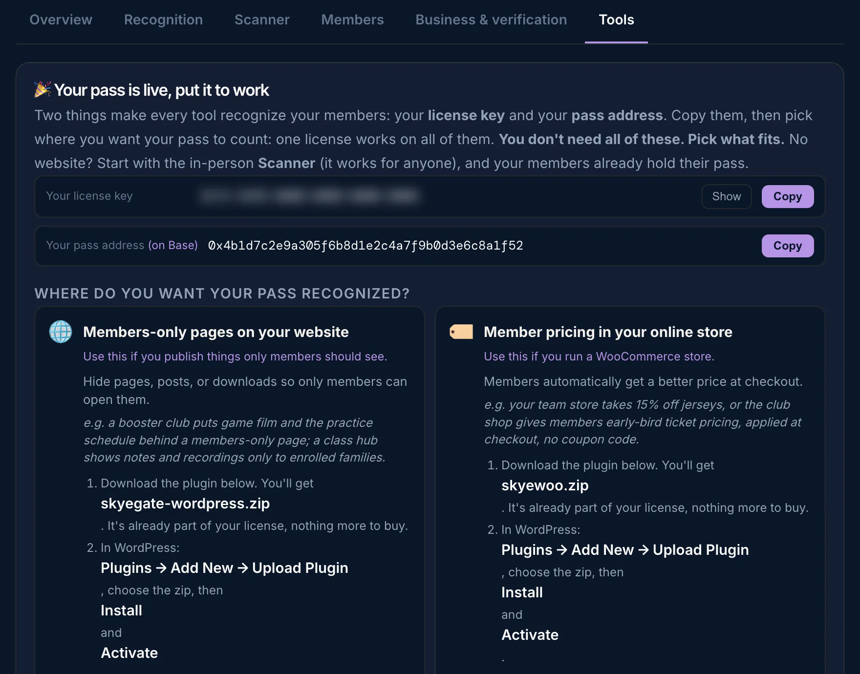 The Tools tab: the license key hidden, the pass address, and cards for members-only pages and member pricing