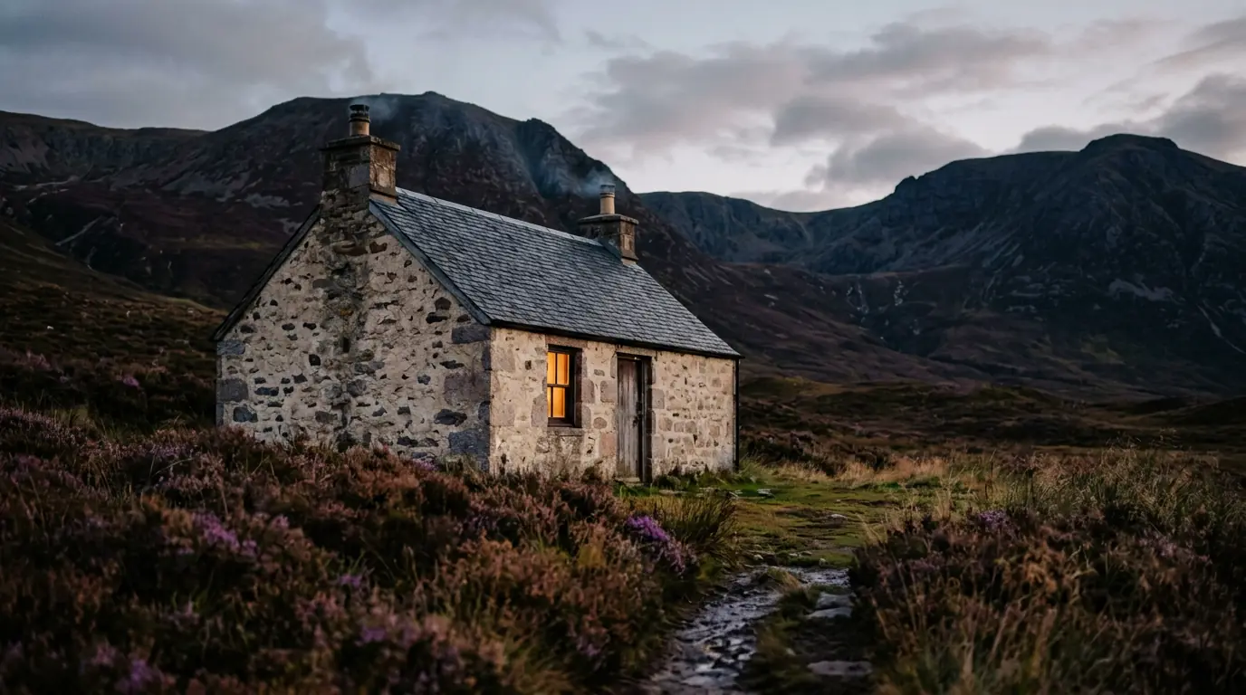 A stone bothy in the Scottish Highlands at dusk
