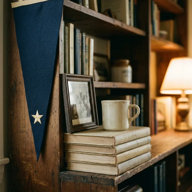 A pennant, yearbooks and a coffee mug on a bookshelf