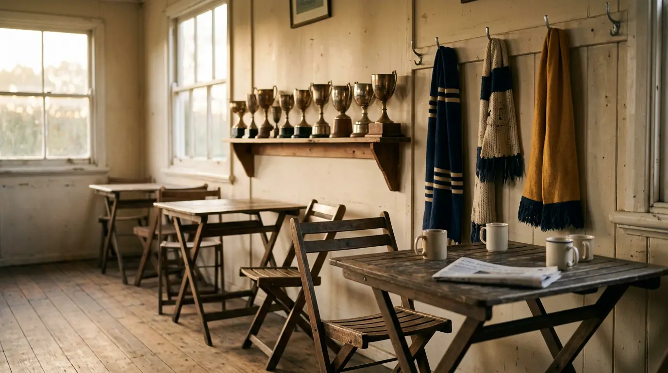 A clubhouse room with tables and chairs, ready for members