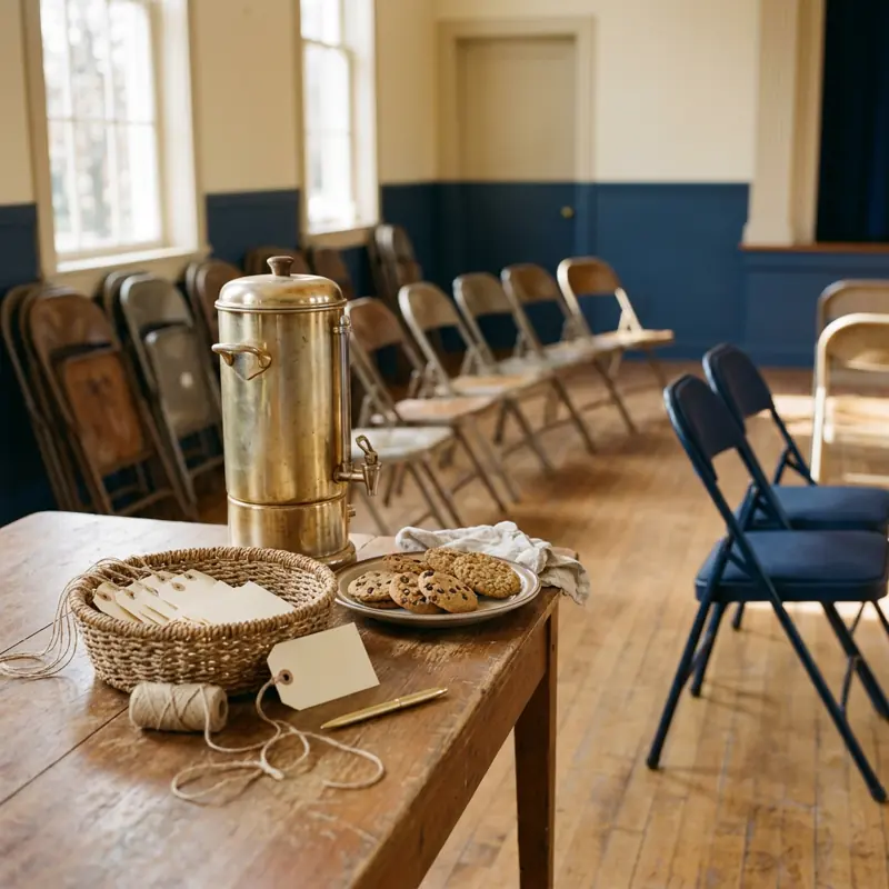 Folding chairs, a coffee urn and name tags in a sunlit community hall