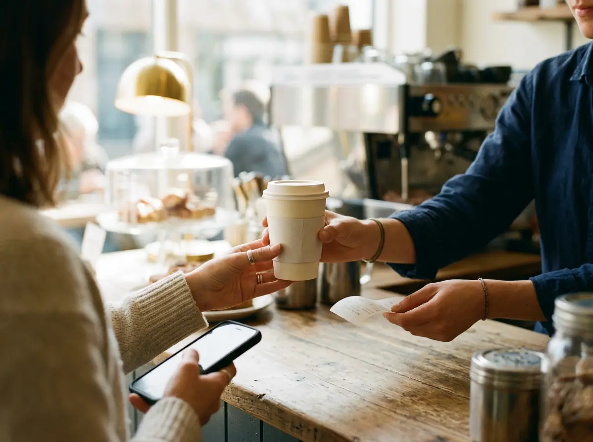 A customer receiving a coffee and a receipt, phone in the other hand