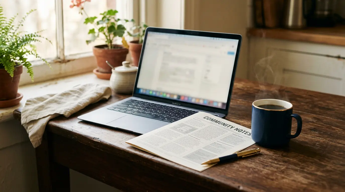A laptop, a mug and a community newsletter on a kitchen table
