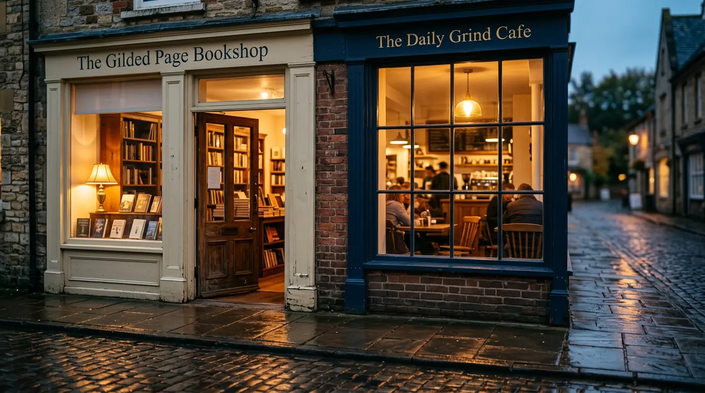 A shopfront on a main street at blue hour