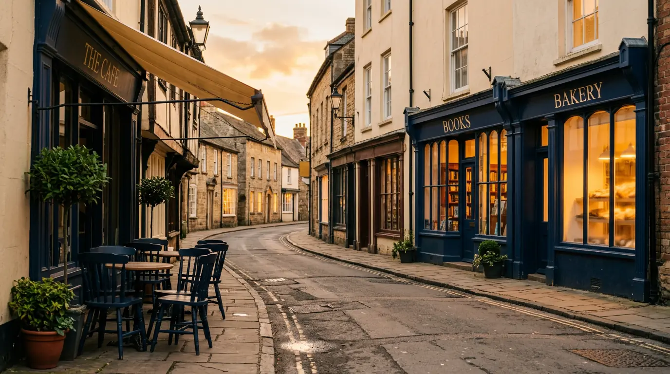 A cobbled main street of small shops, a bookshop and a bakery, at golden hour