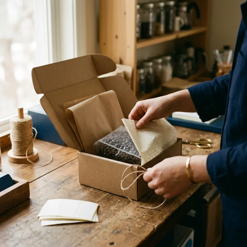 An order being packed in a kraft box with a bag of coffee beans