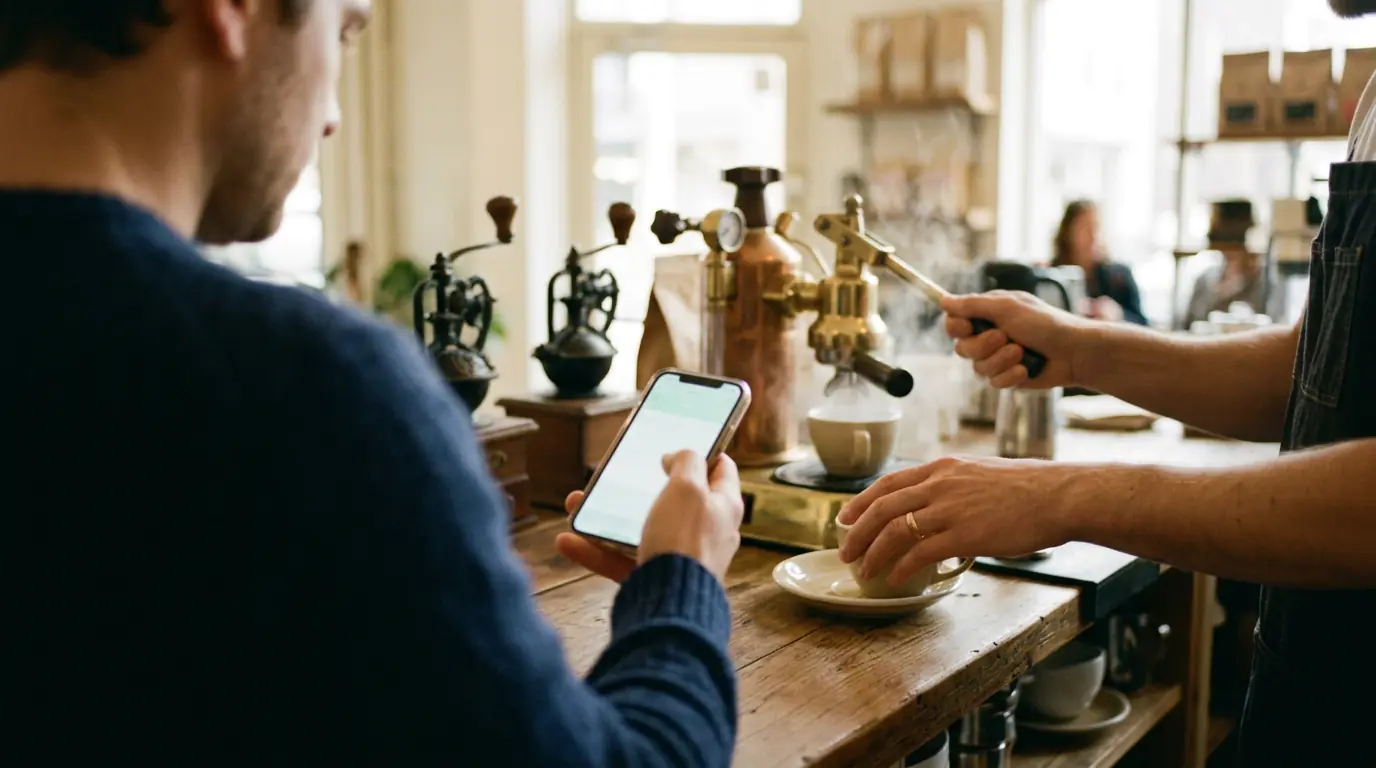 A customer holding a phone up at a cafe register