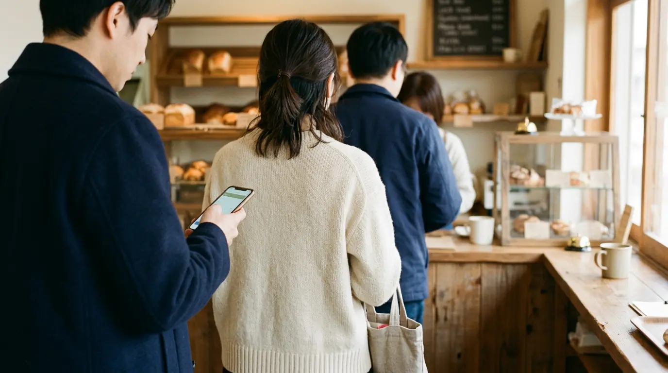 A short line at a bakery counter, one person holding a phone