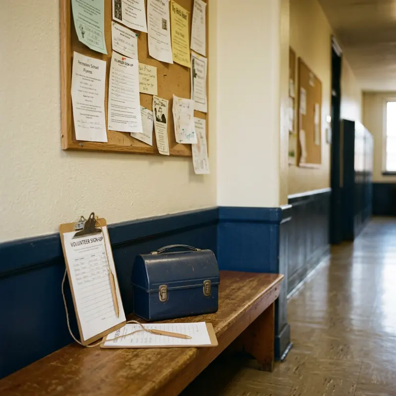 A school hallway bulletin board with a sign-up clipboard and lunchbox