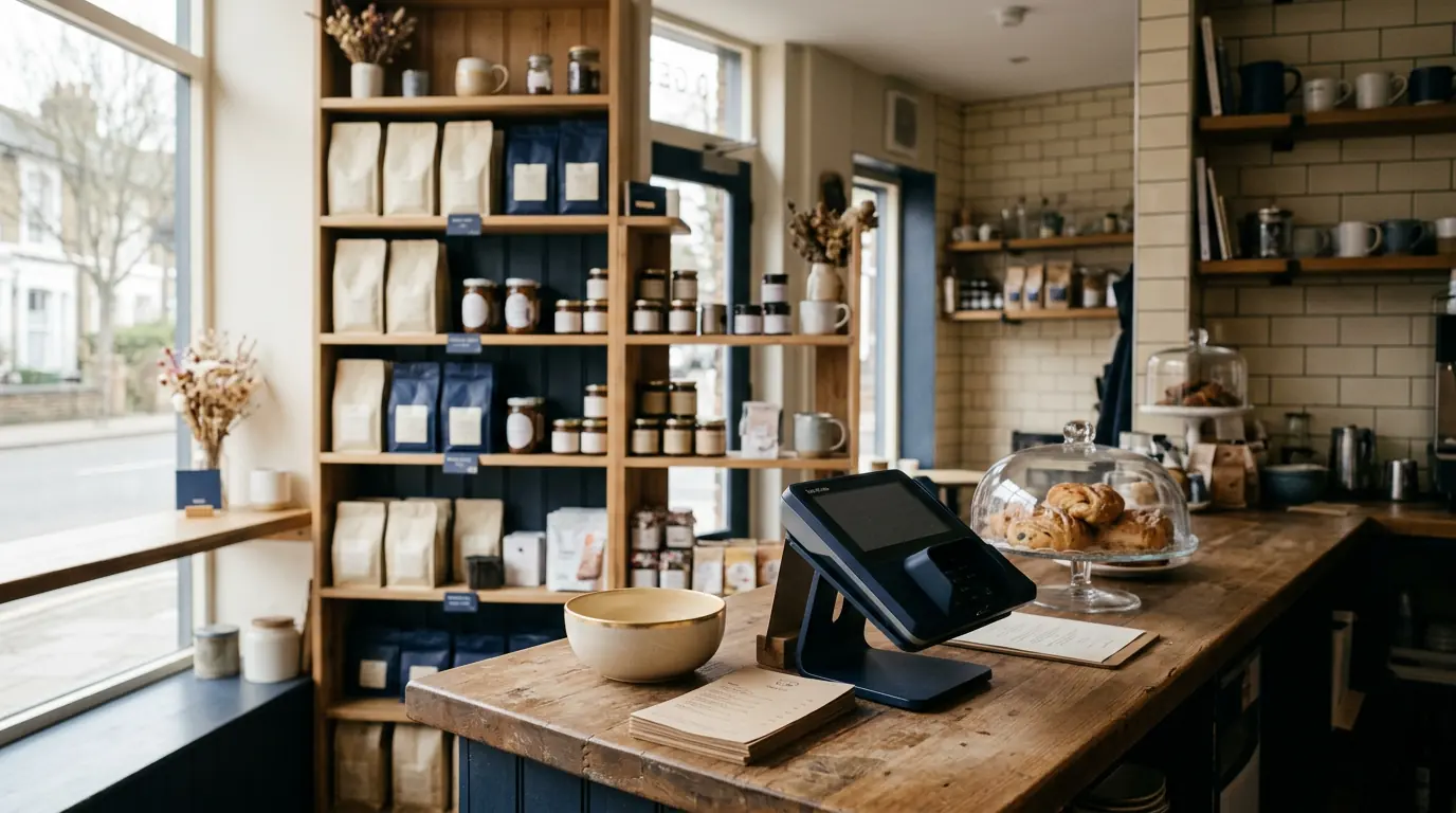 A shop counter by the register