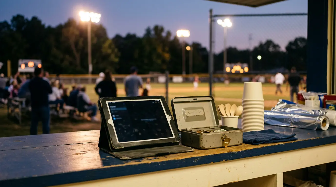 A snack stand at the edge of a sports field at dusk, with a tablet on the counter