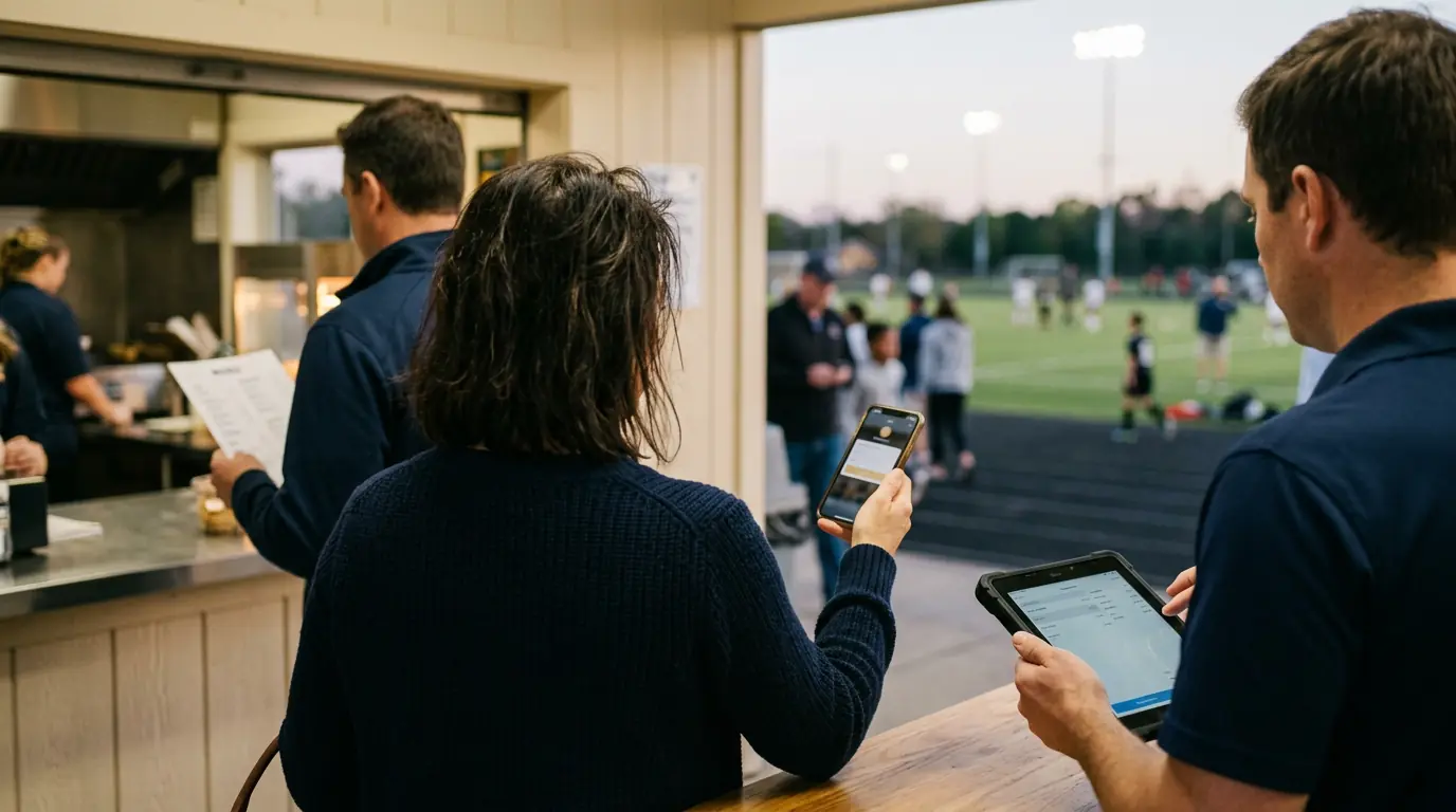Parents in line at a tournament snack bar, a volunteer with a tablet at dusk