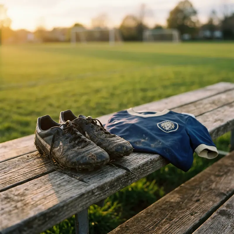 Muddy soccer cleats and a team jersey on a bleacher bench