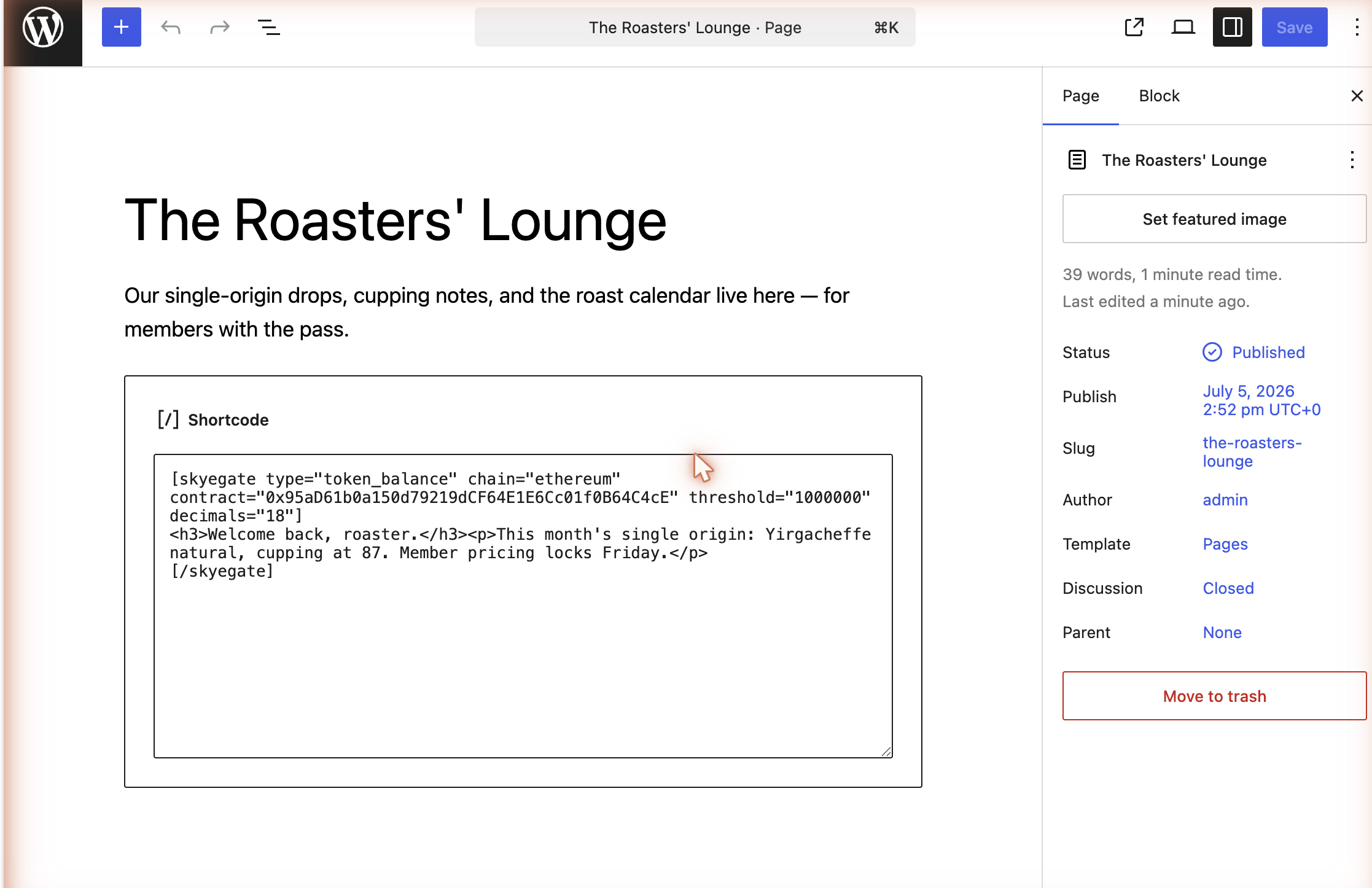 WordPress editor with the skyegate shortcode wrapped around members-only content