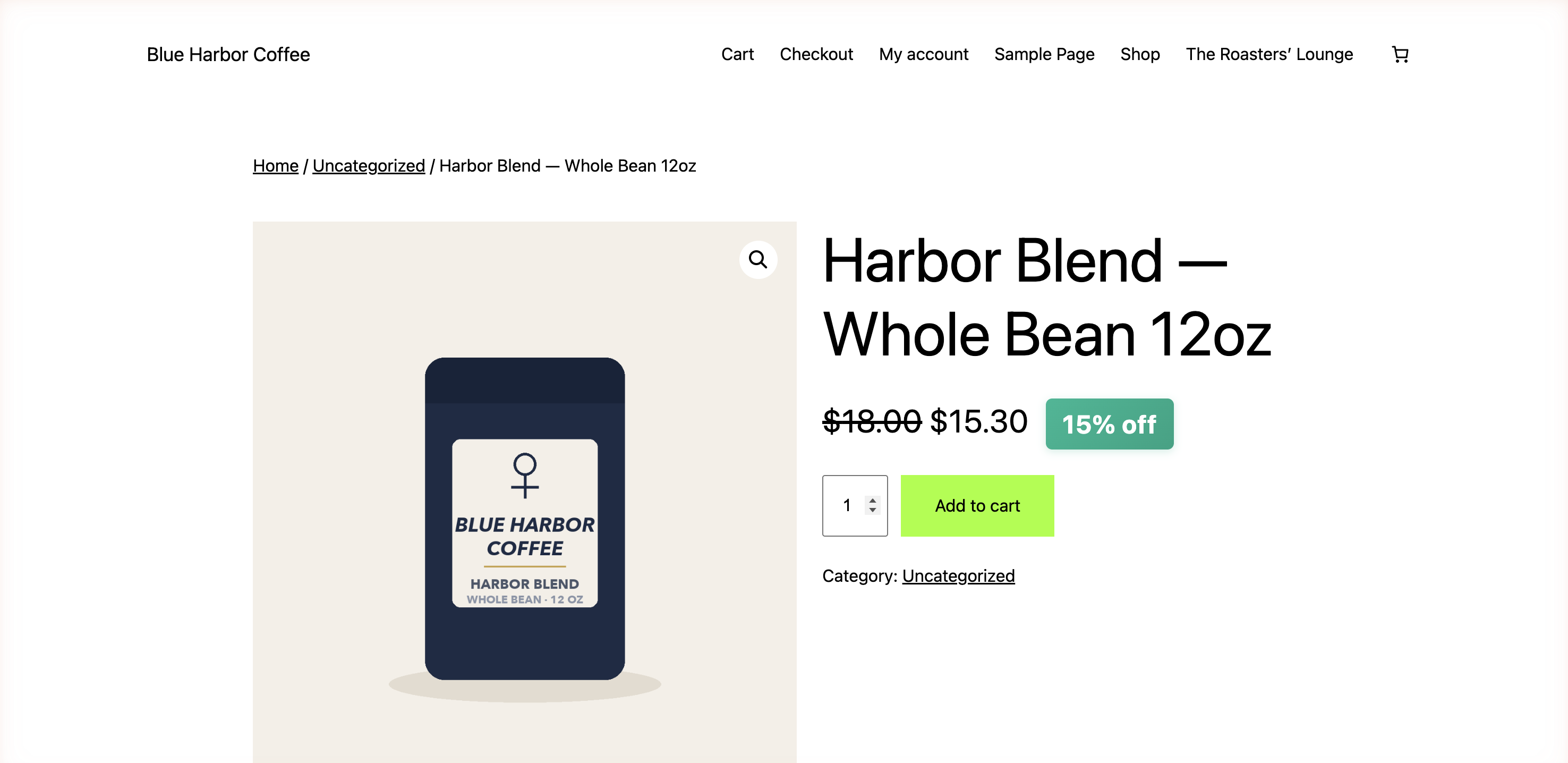 The same WooCommerce product after wallet verification: $18.00 struck through, $15.30 member price with a 15% off tag