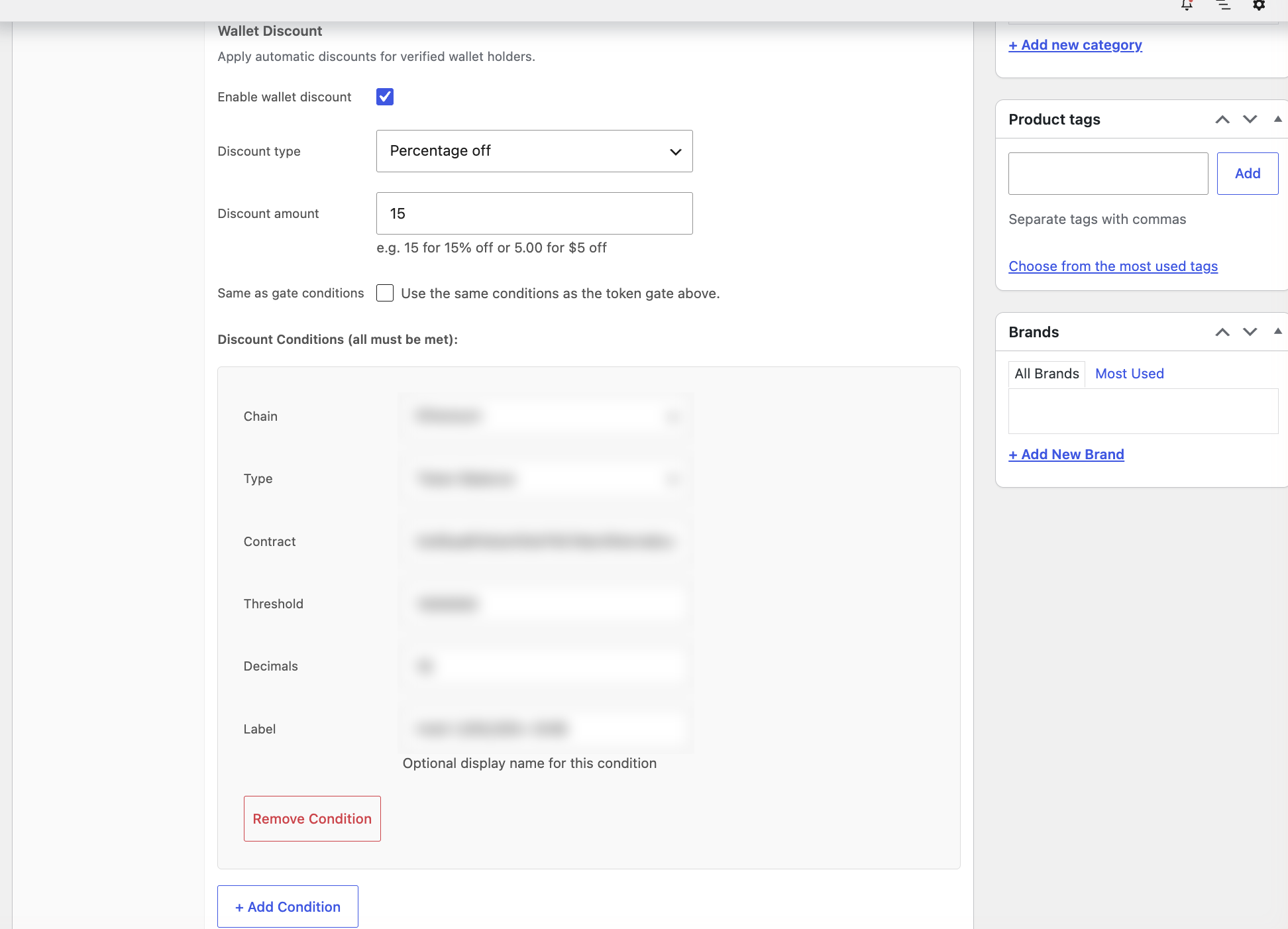 The SkyeWoo tab in the WooCommerce product editor: discount turned on, 15% off