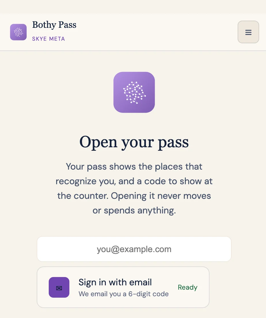 The Bothy Pass sign-in screen on a phone: enter your email and we send a 6-digit code