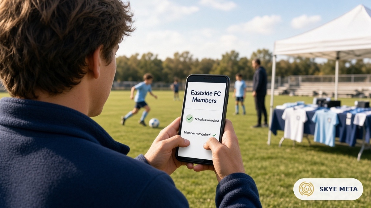 A parent at a youth soccer field holds a phone showing the Eastside FC members page unlocked and the member recognized, with a team-store tent nearby